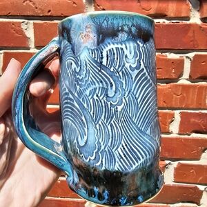 Totally Unique Ooak Wave mug aqua Turquoise Studio pottery tall 8 oz Ocean drip